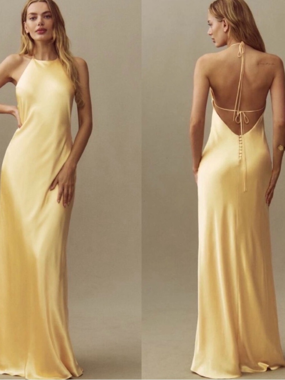 Reformation Jeany Yellow Dress. Backless Halter Satin Maxi Dress in gold